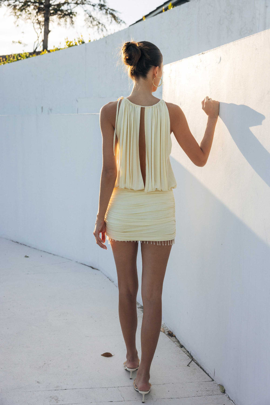 Beaded Hem Ruched-Neck Mini