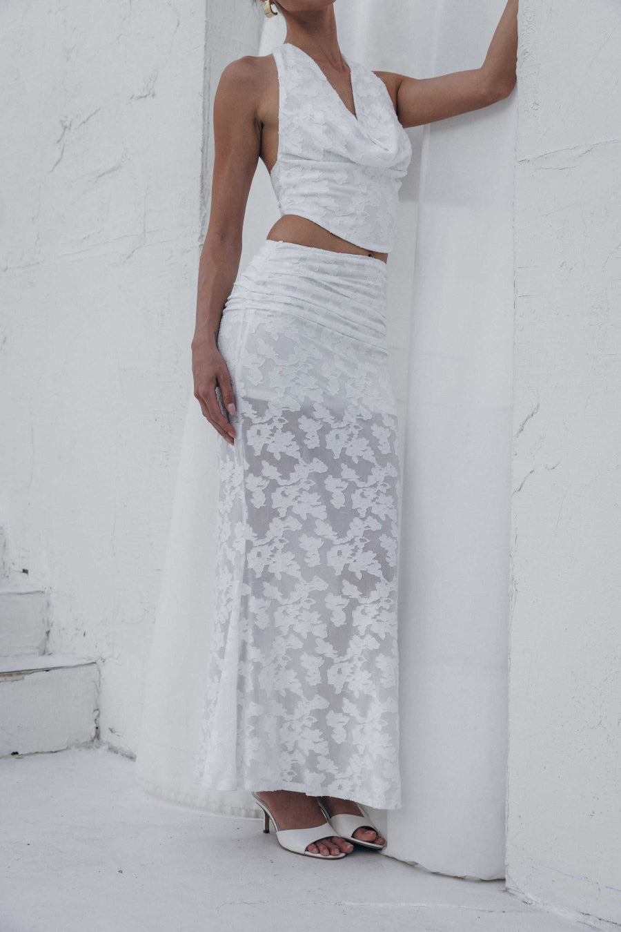 See-Through Ruched Floral Maxi