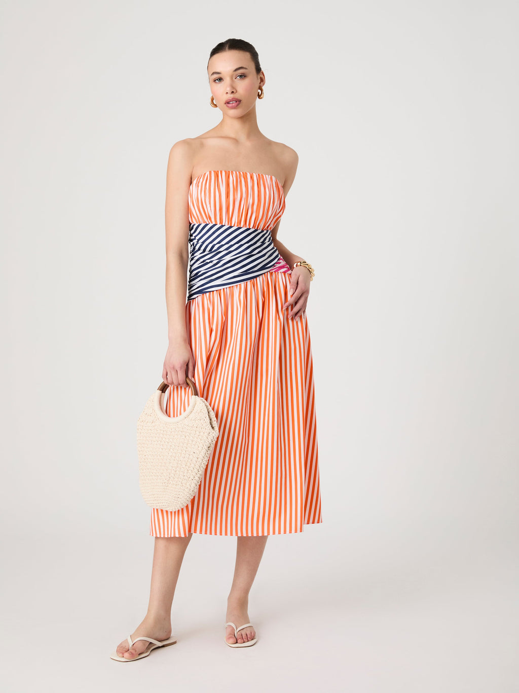 ‌Striped Strapless Midi Dress