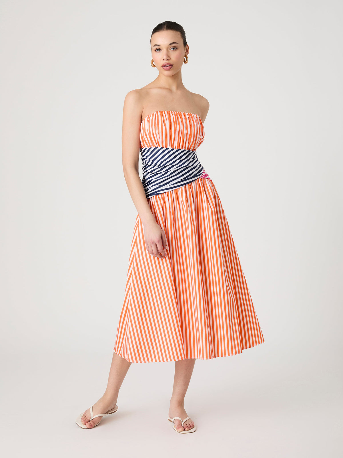 ‌Striped Strapless Midi Dress