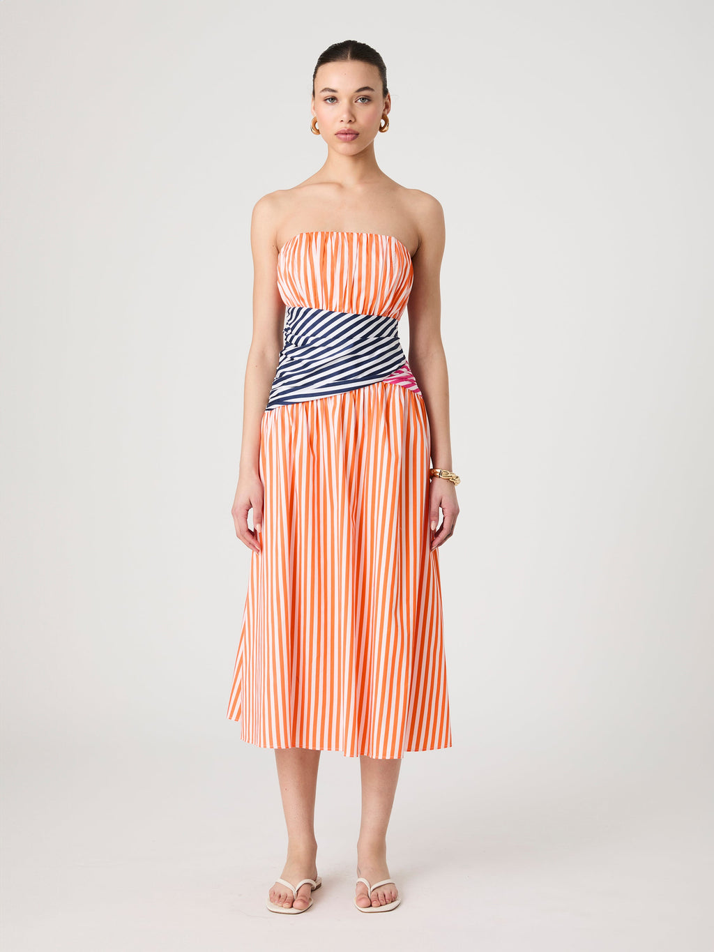 ‌Striped Strapless Midi Dress