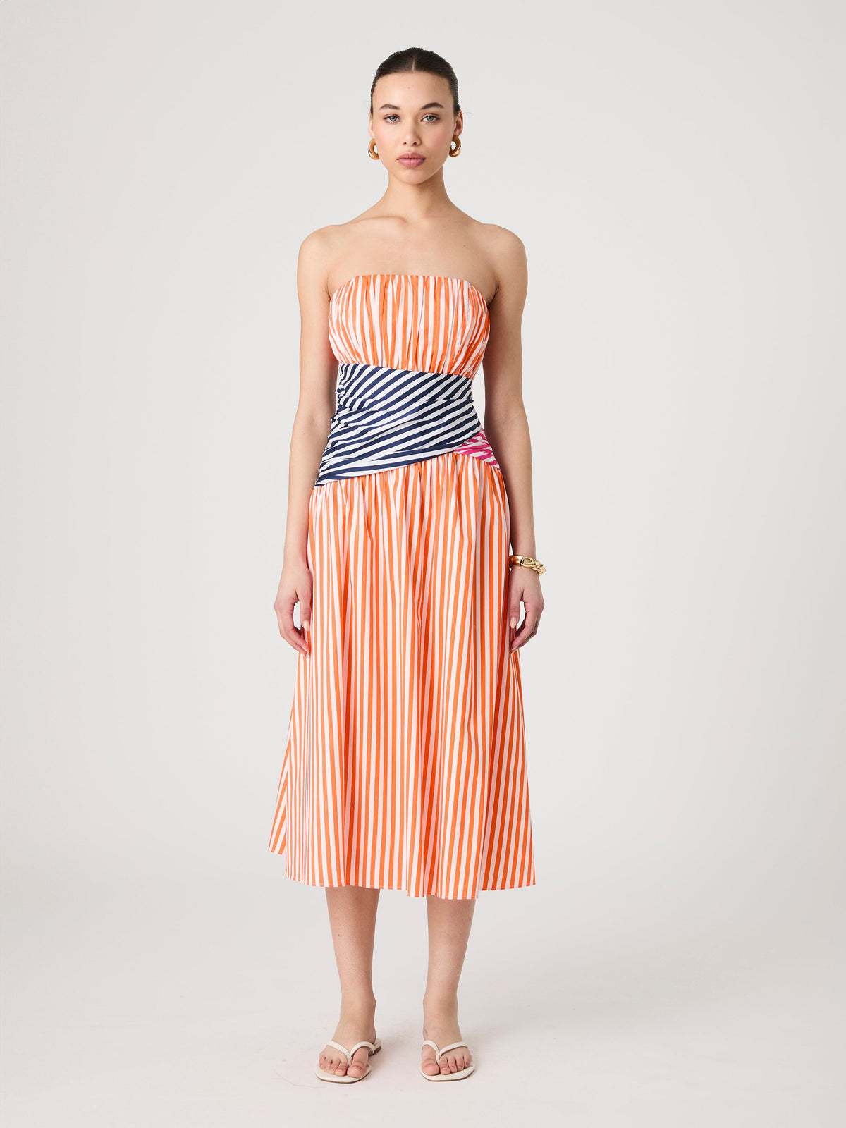 ‌Striped Strapless Midi Dress