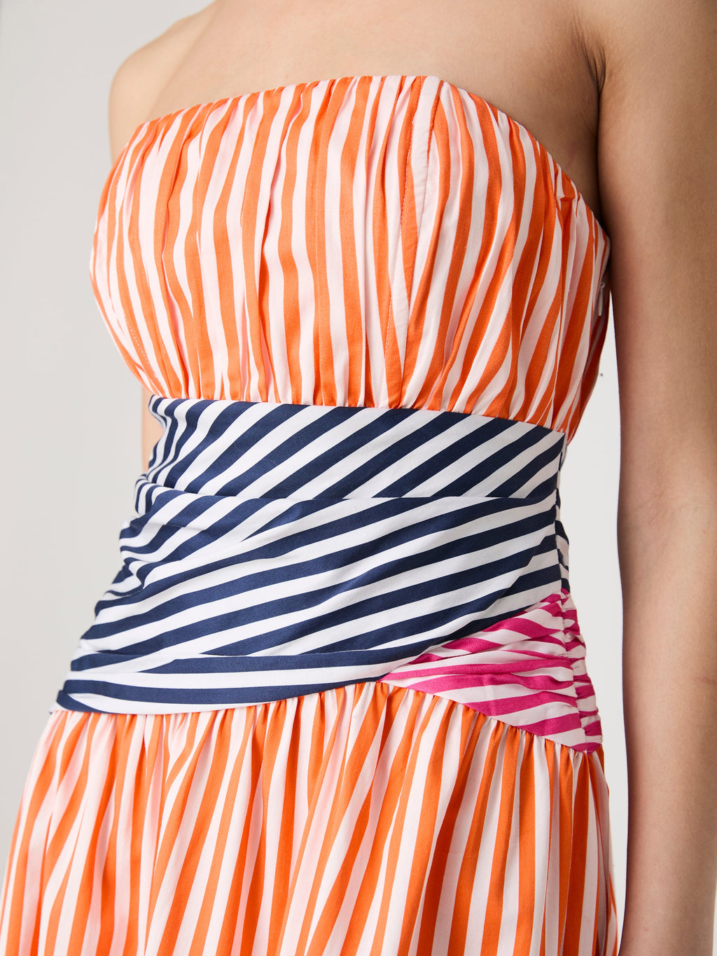 ‌Striped Strapless Midi Dress