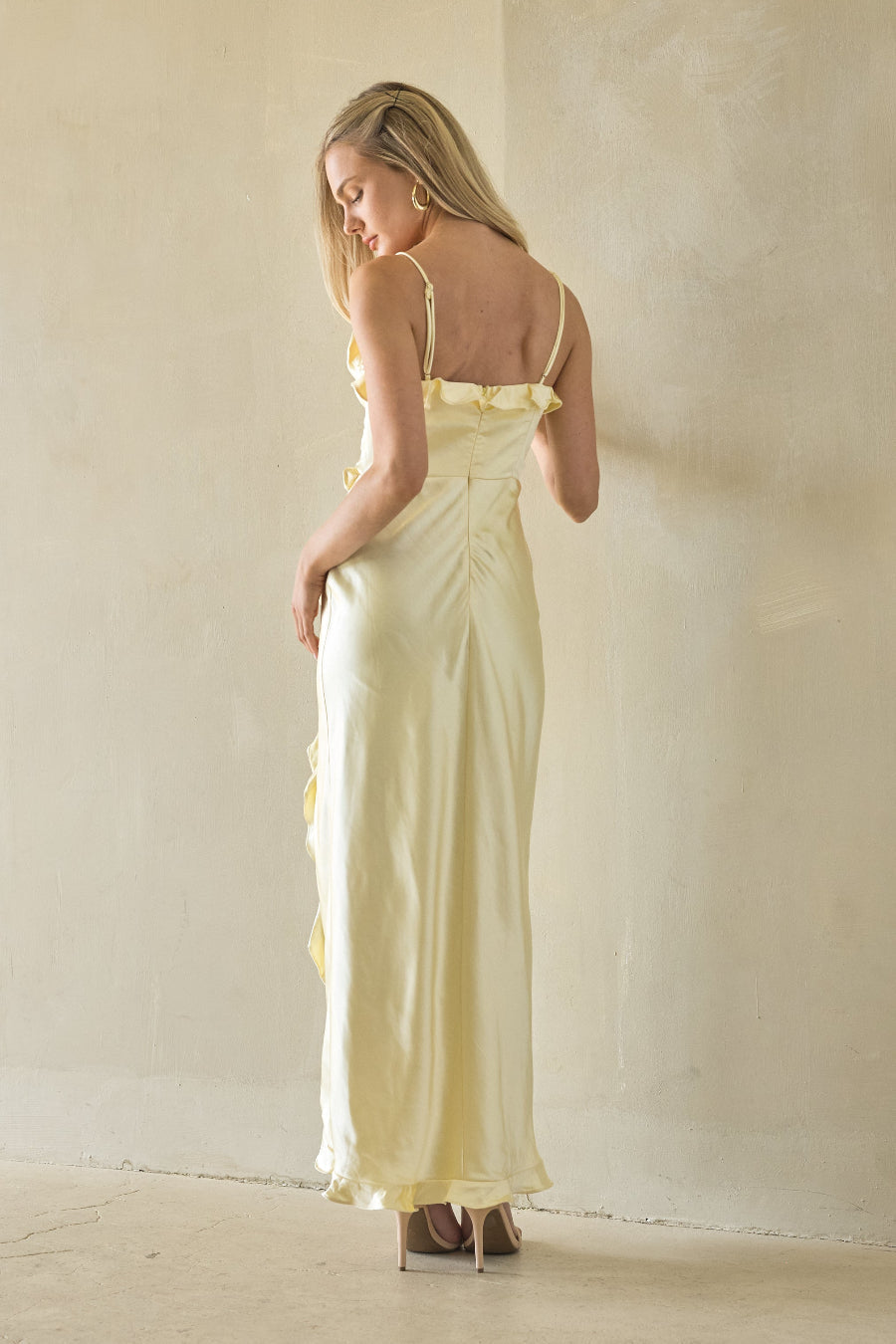 Satin Ruffle Strapless Maxi
