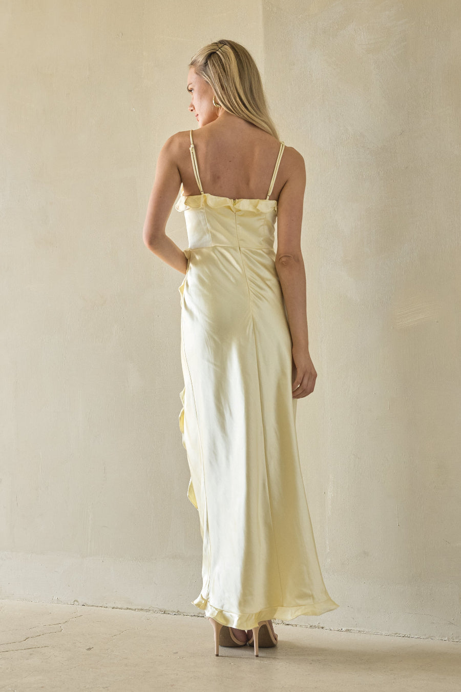 Satin Ruffle Strapless Maxi