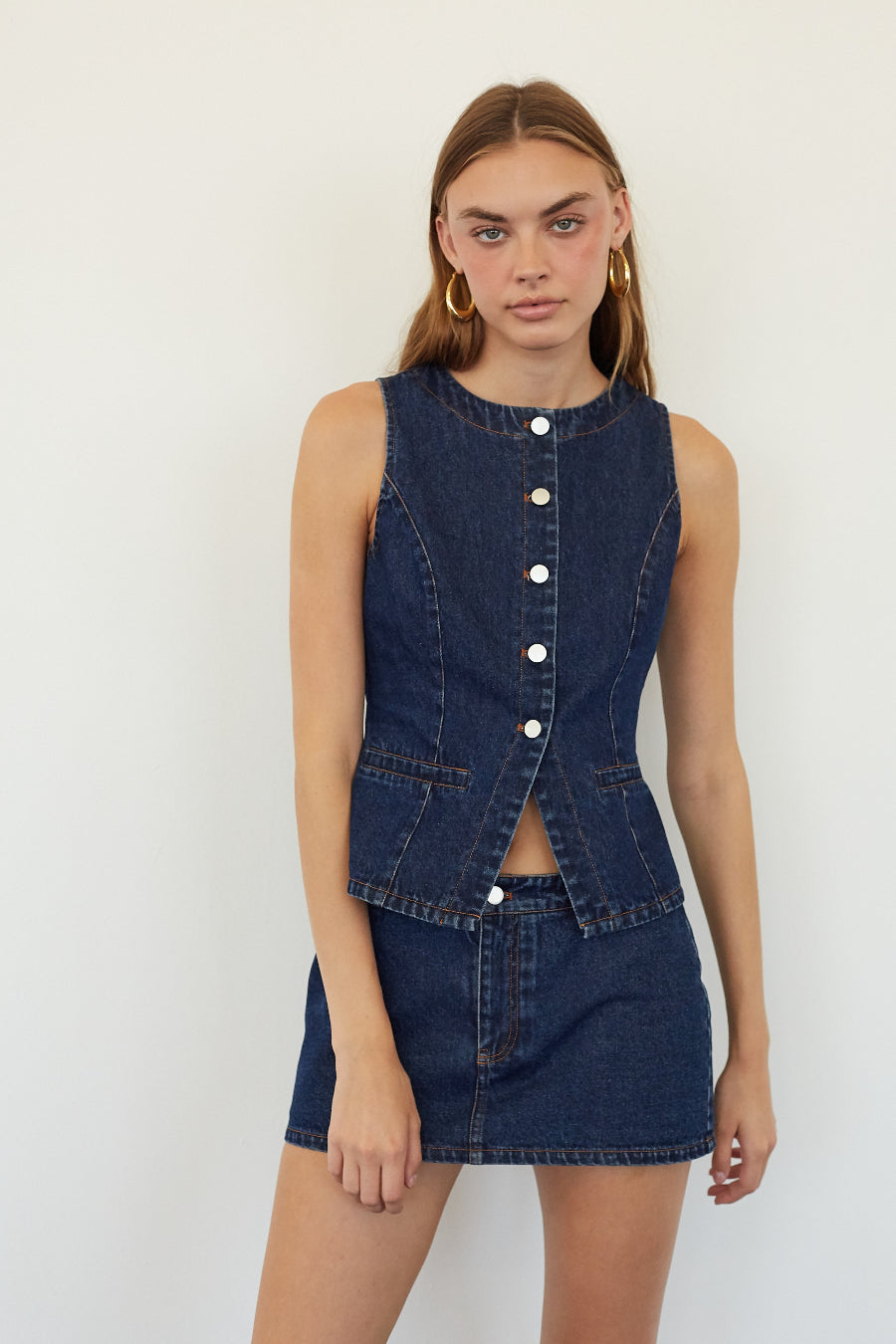 Button-Zip Denim Skort