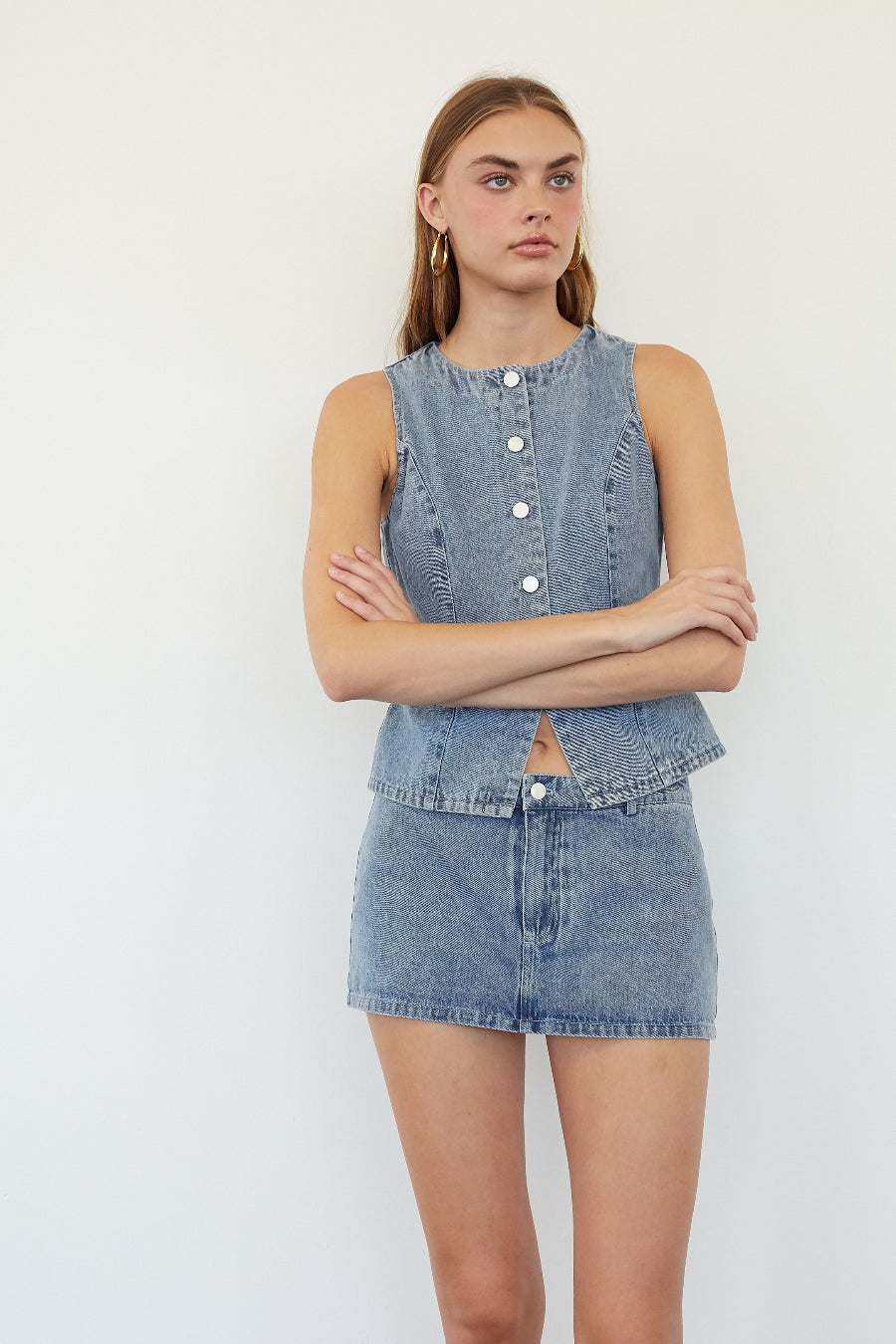 Button-Zip Denim Skort