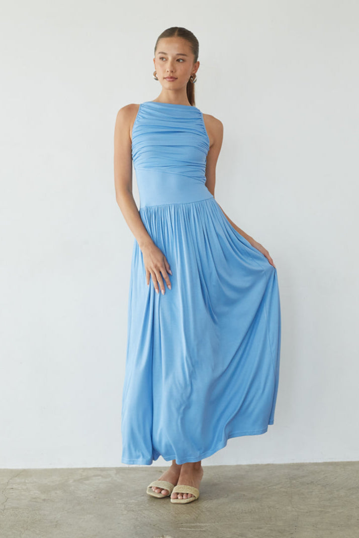 High-Neck Ruched Flow Maxi