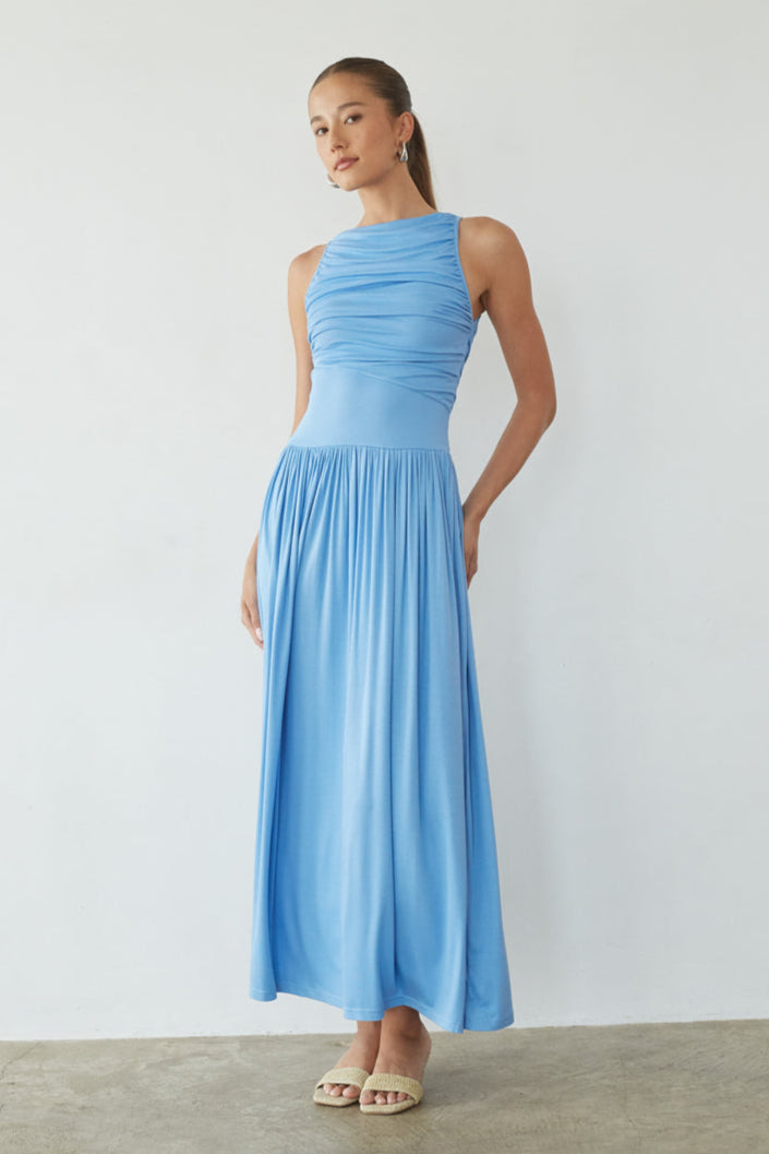 High-Neck Ruched Flow Maxi