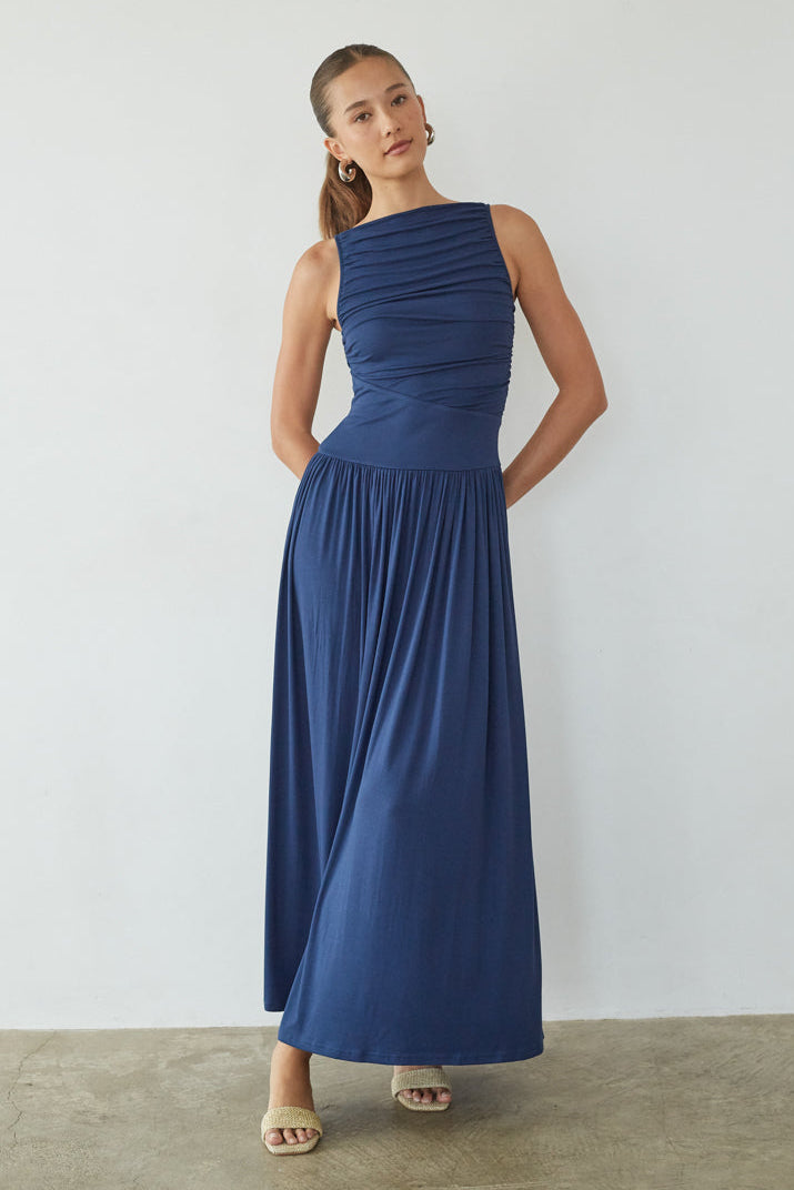 High-Neck Ruched Flow Maxi