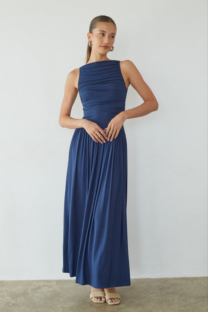 High-Neck Ruched Flow Maxi