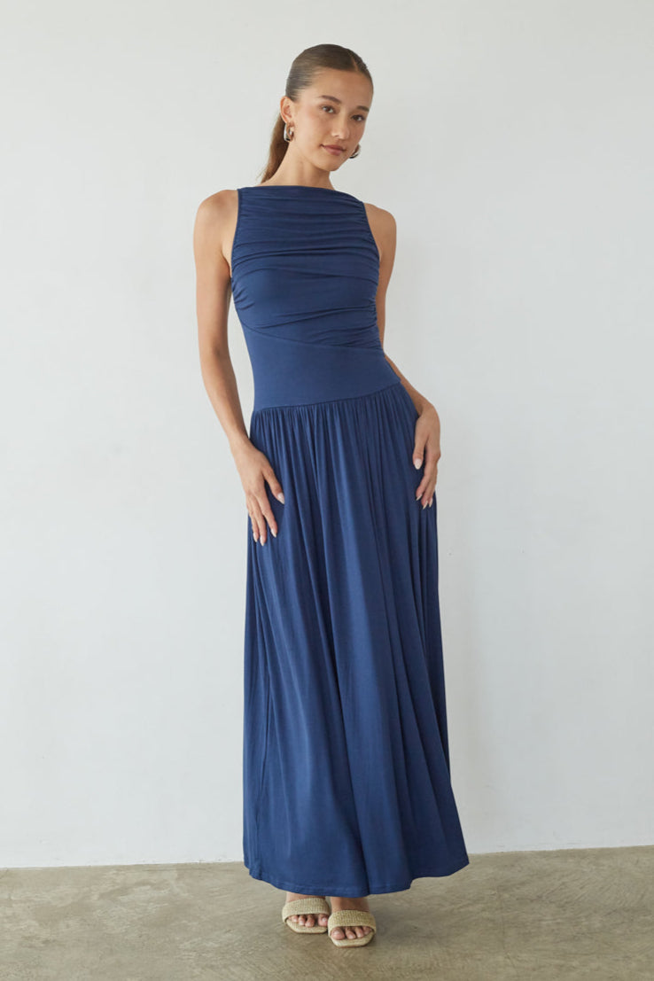 High-Neck Ruched Flow Maxi
