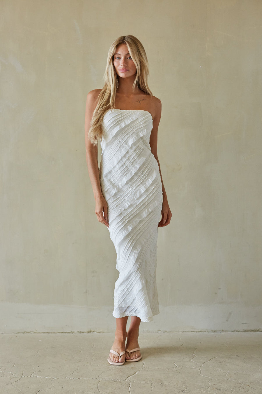 Diagonal Ruffle Strapless Midi