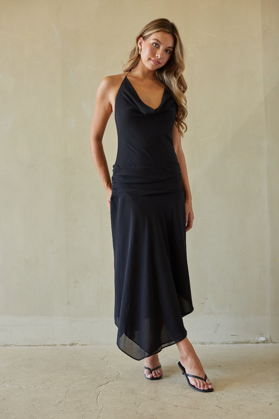 Cowl-Back Satin Midi
