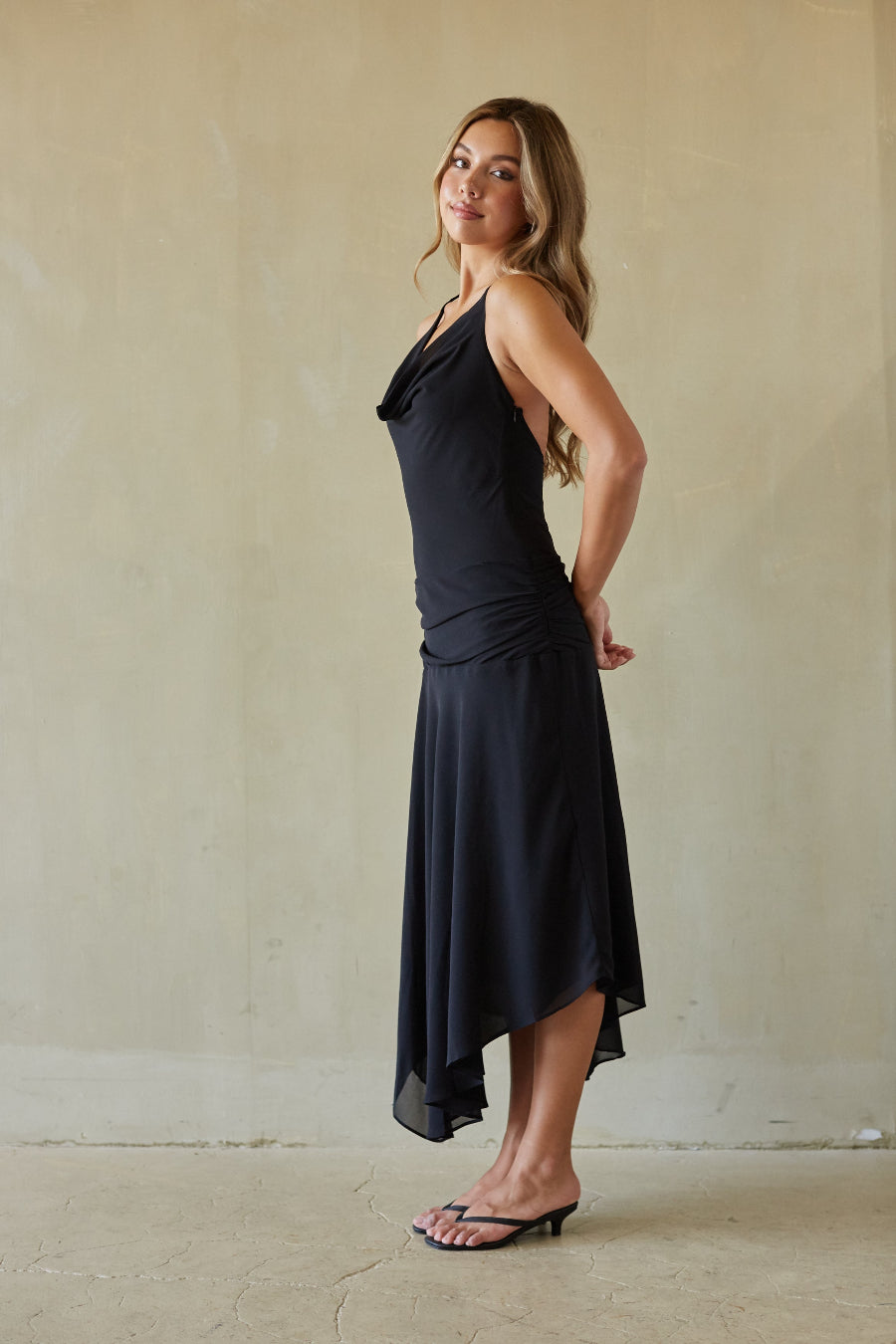 Cowl-Back Satin Midi