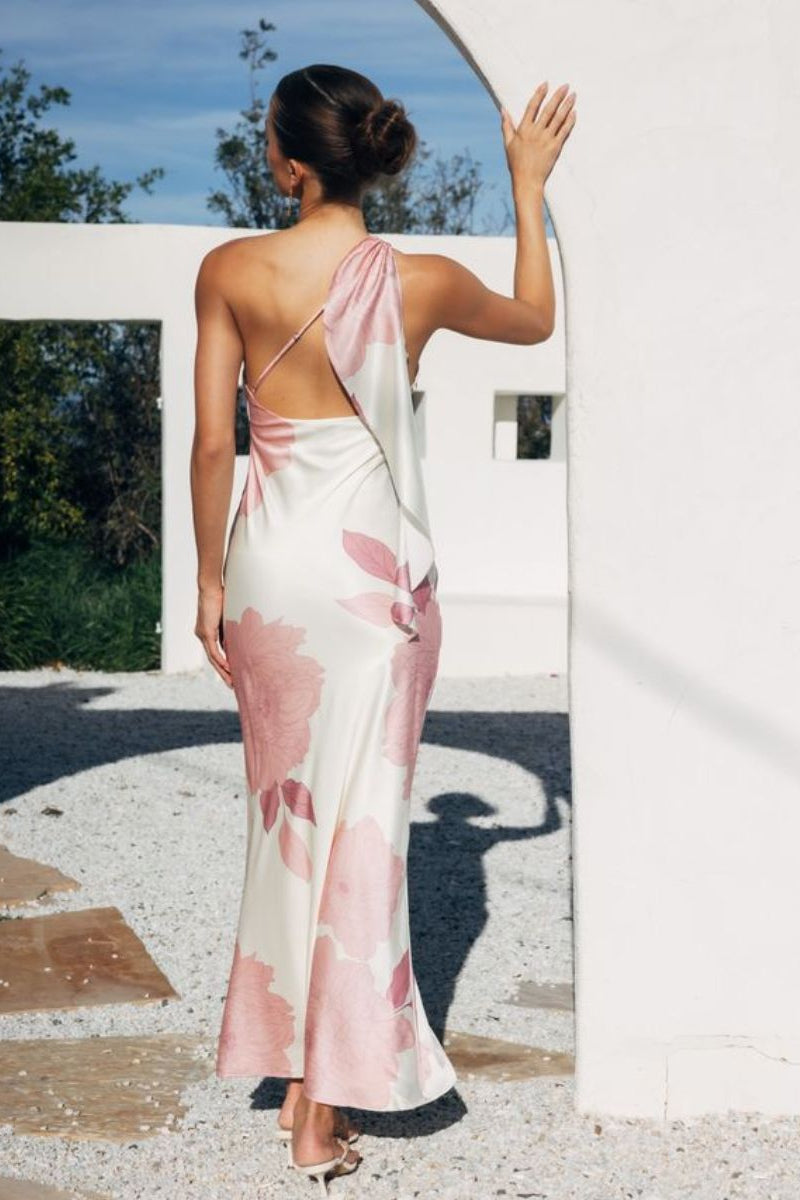 One-Shoulder Floral Satin Maxi
