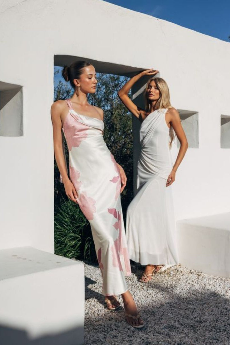 One-Shoulder Floral Satin Maxi