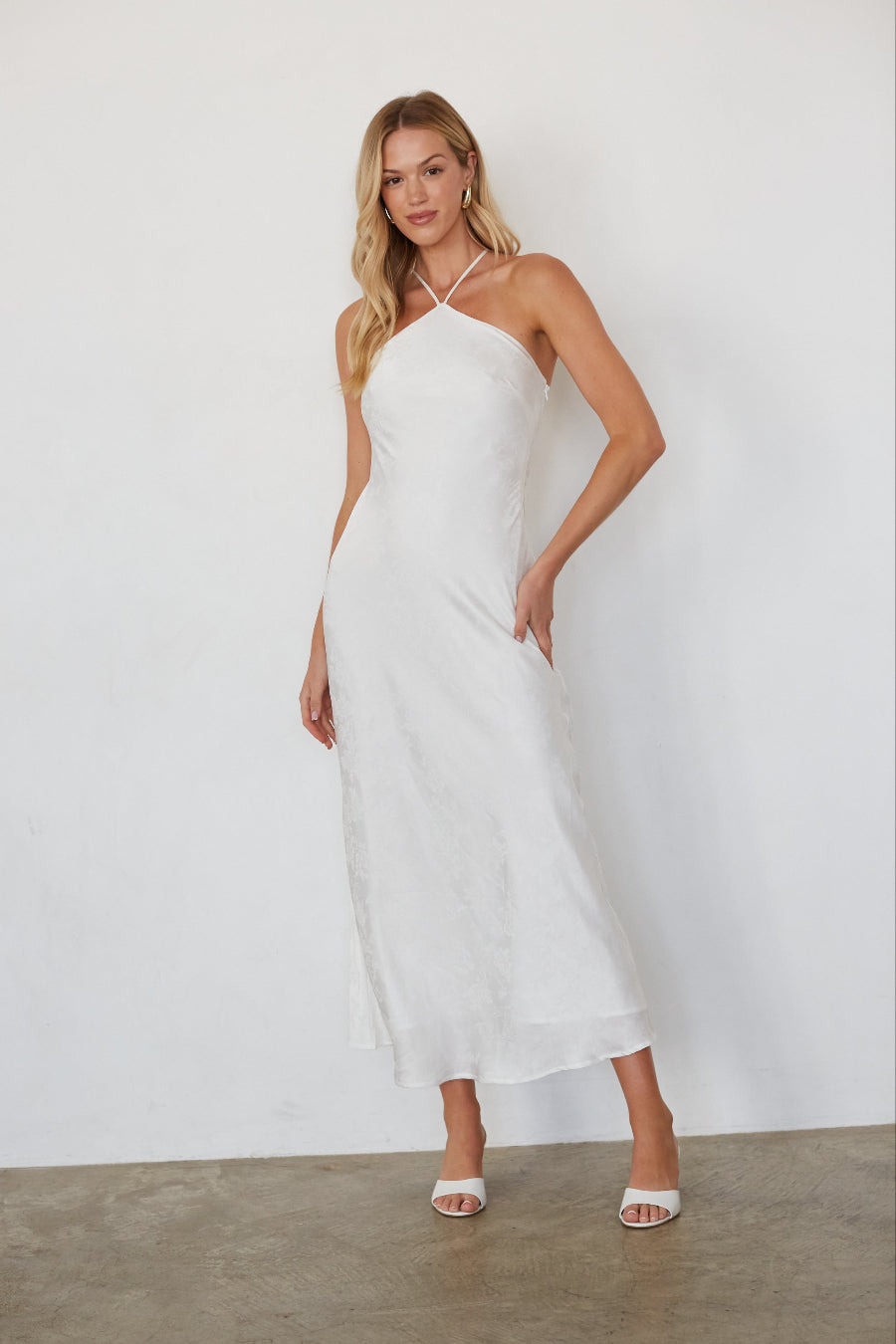 High-Neck Crisscross Satin Maxi