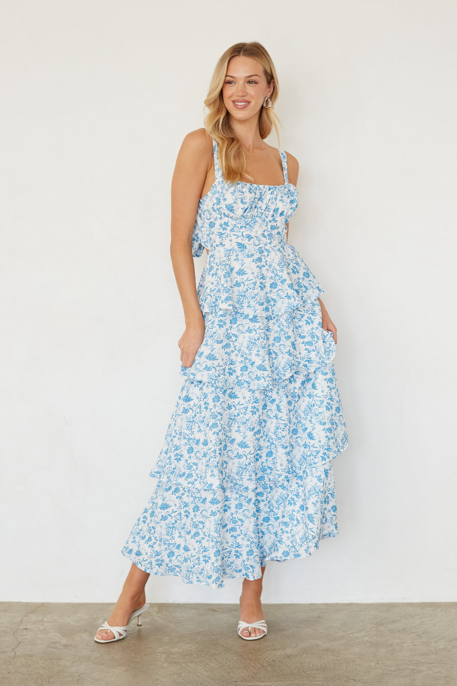 Elastic-Neck Tiered Floral Maxi