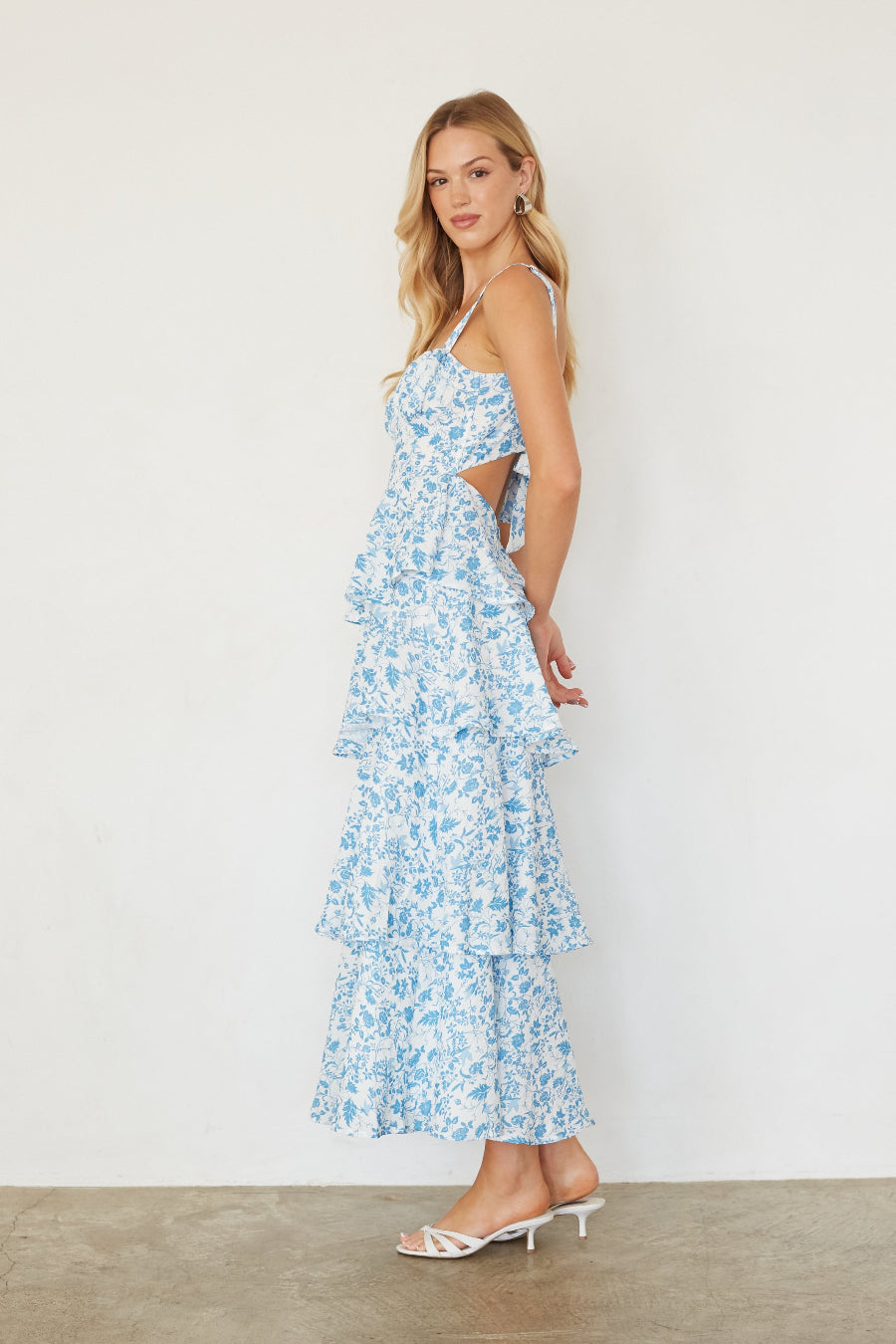 Elastic-Neck Tiered Floral Maxi