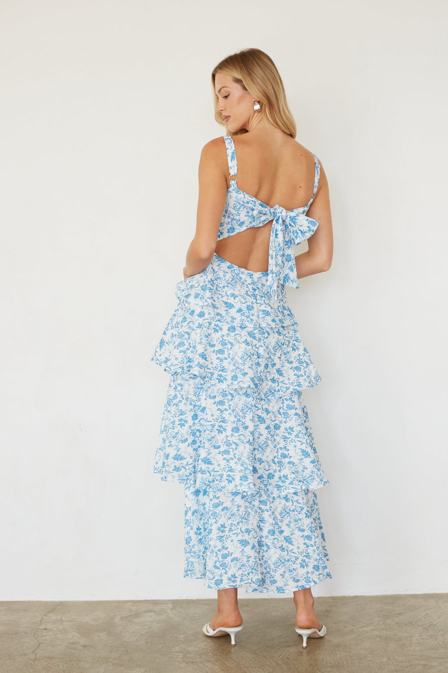 Elastic-Neck Tiered Floral Maxi