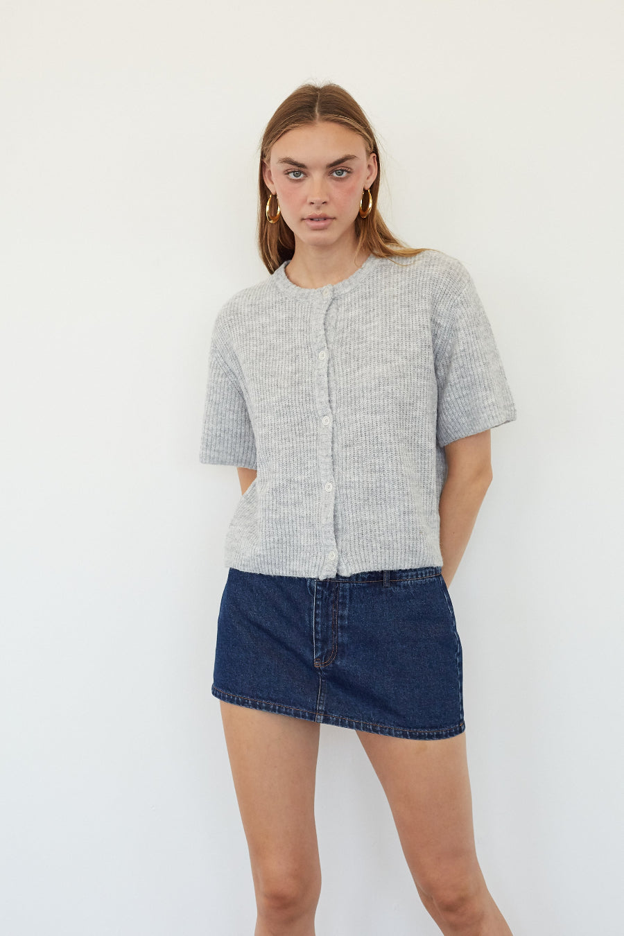 Button-Up Ribbed Short-Sleeve Cardigan