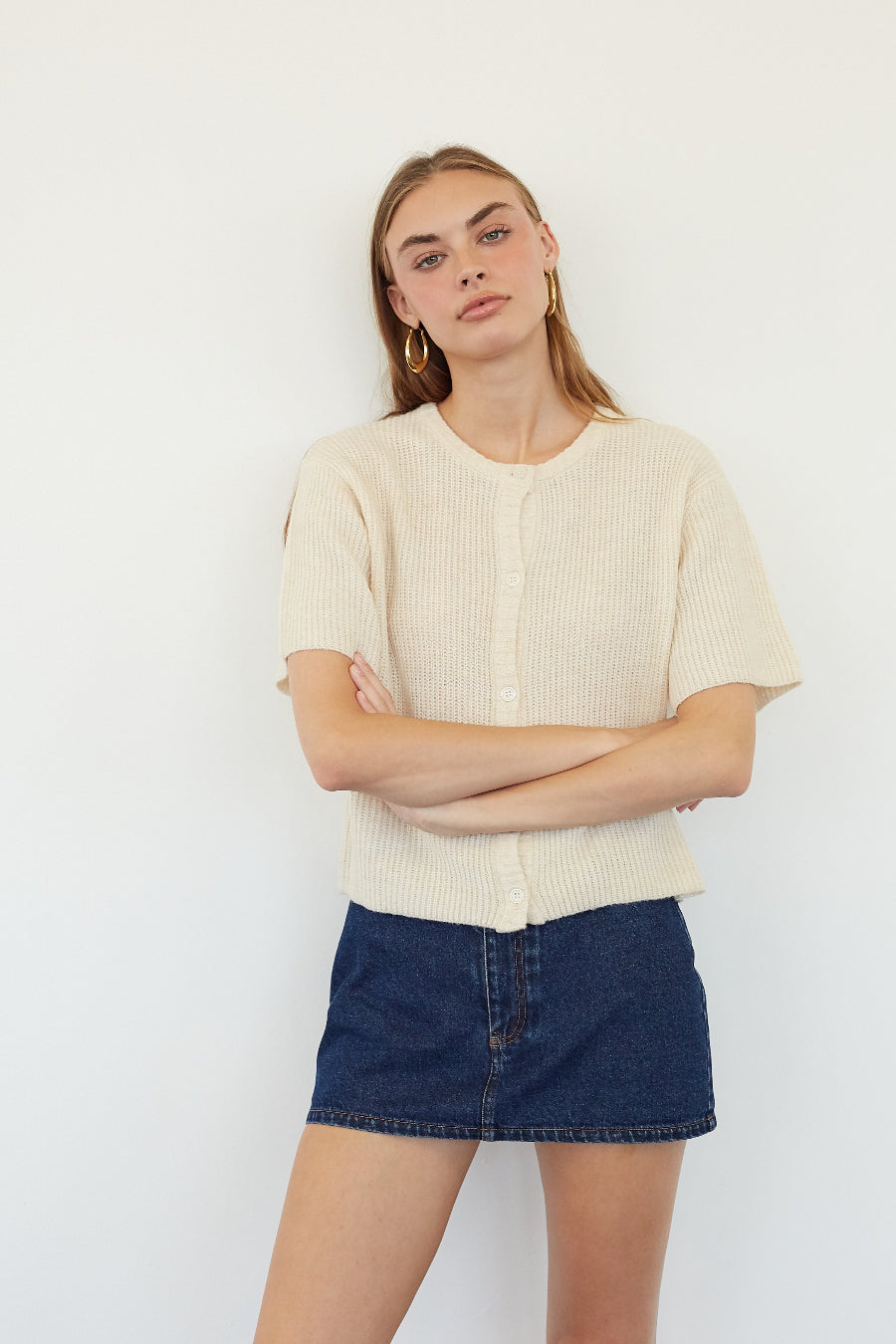 Button-Up Ribbed Short-Sleeve Cardigan