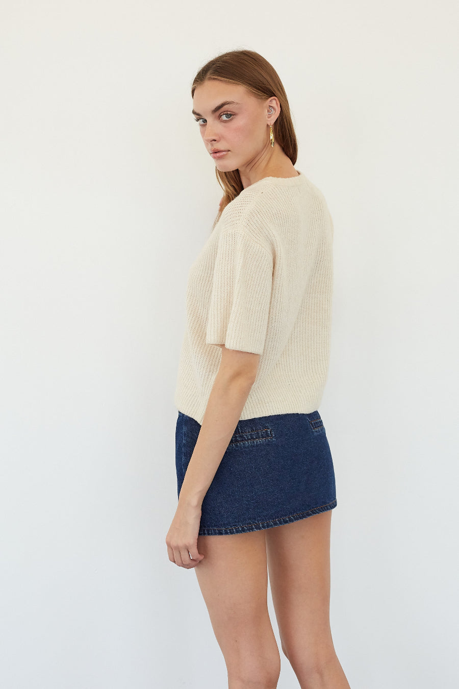 Button-Up Ribbed Short-Sleeve Cardigan