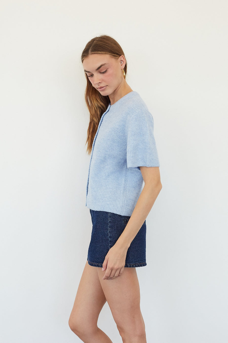 Button-Up Ribbed Short-Sleeve Cardigan