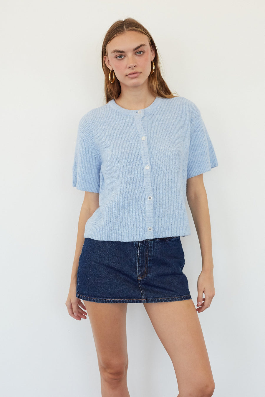 Button-Up Ribbed Short-Sleeve Cardigan