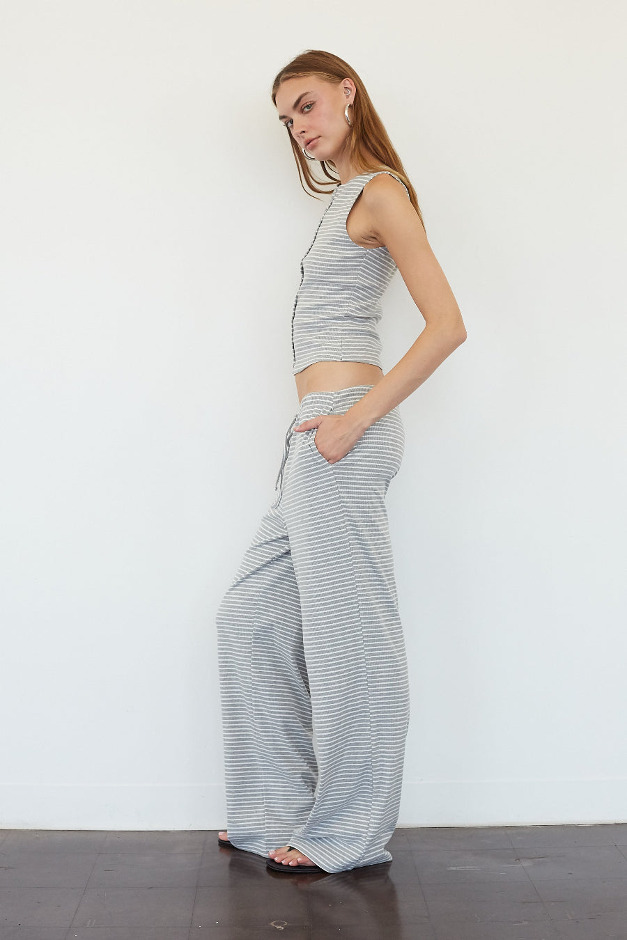 ‌Drawstring Ribbed Wide-Leg Pants