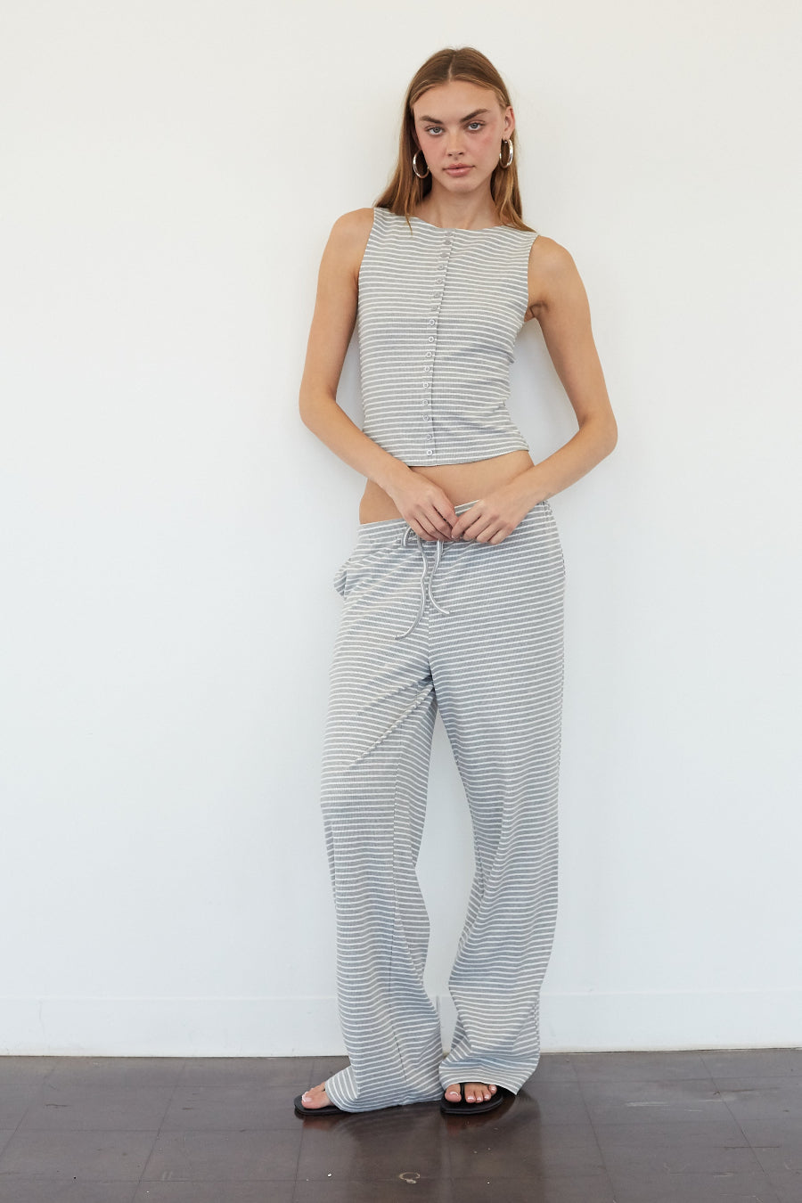 ‌Drawstring Ribbed Wide-Leg Pants