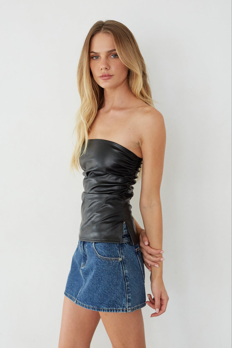 Ruched Side-Split Faux Leather Top