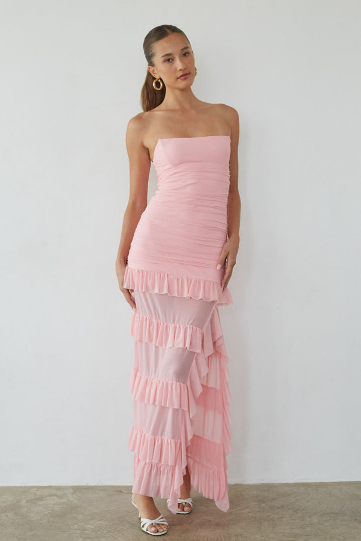 Front-Slit Ruffle Mesh Maxi