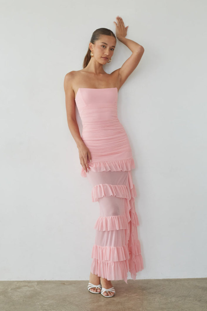 Front-Slit Ruffle Mesh Maxi