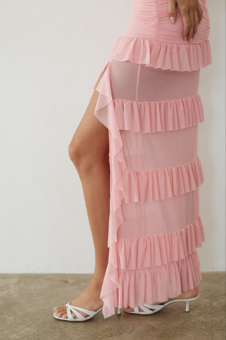 Front-Slit Ruffle Mesh Maxi