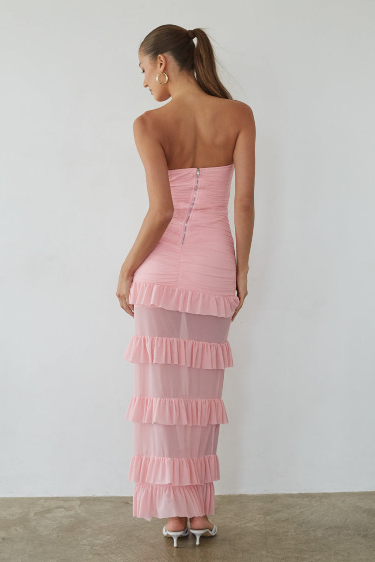 Front-Slit Ruffle Mesh Maxi