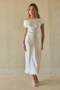 Cowl-Back Cinched Satin Midi