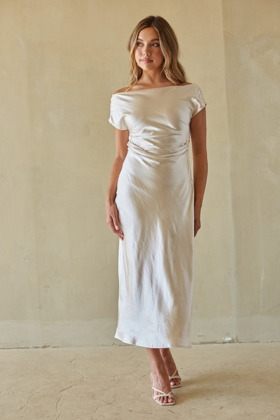 Cowl-Back Cinched Satin Midi