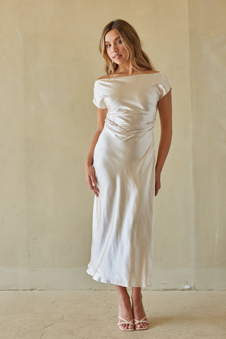 Cowl-Back Cinched Satin Midi