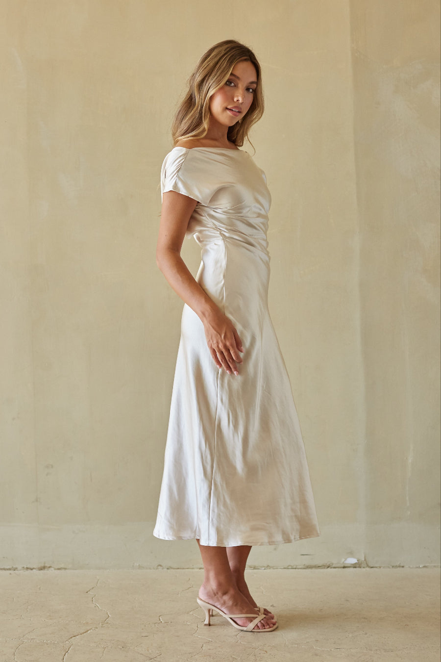 Cowl-Back Cinched Satin Midi