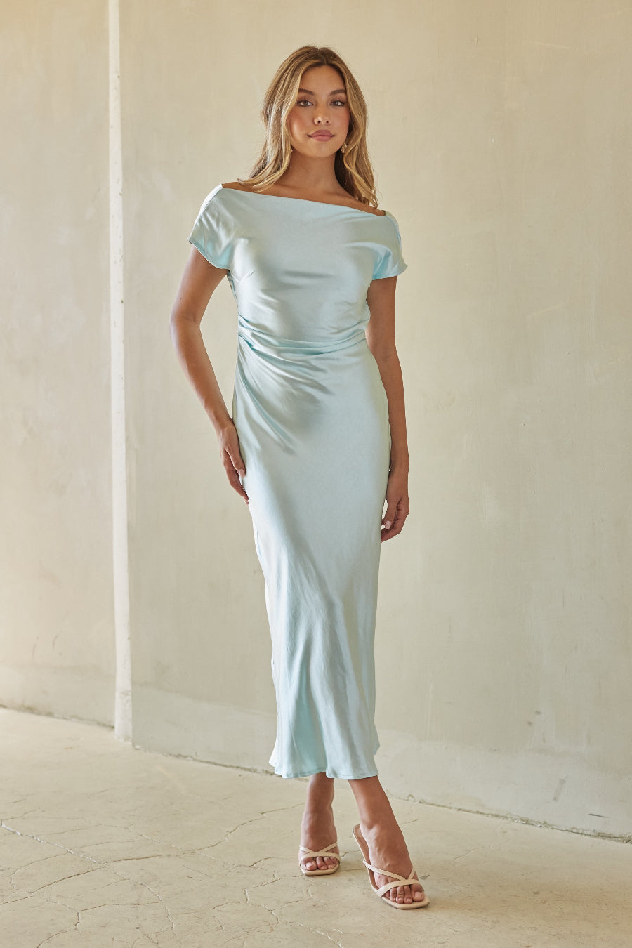 Cowl-Back Cinched Satin Midi
