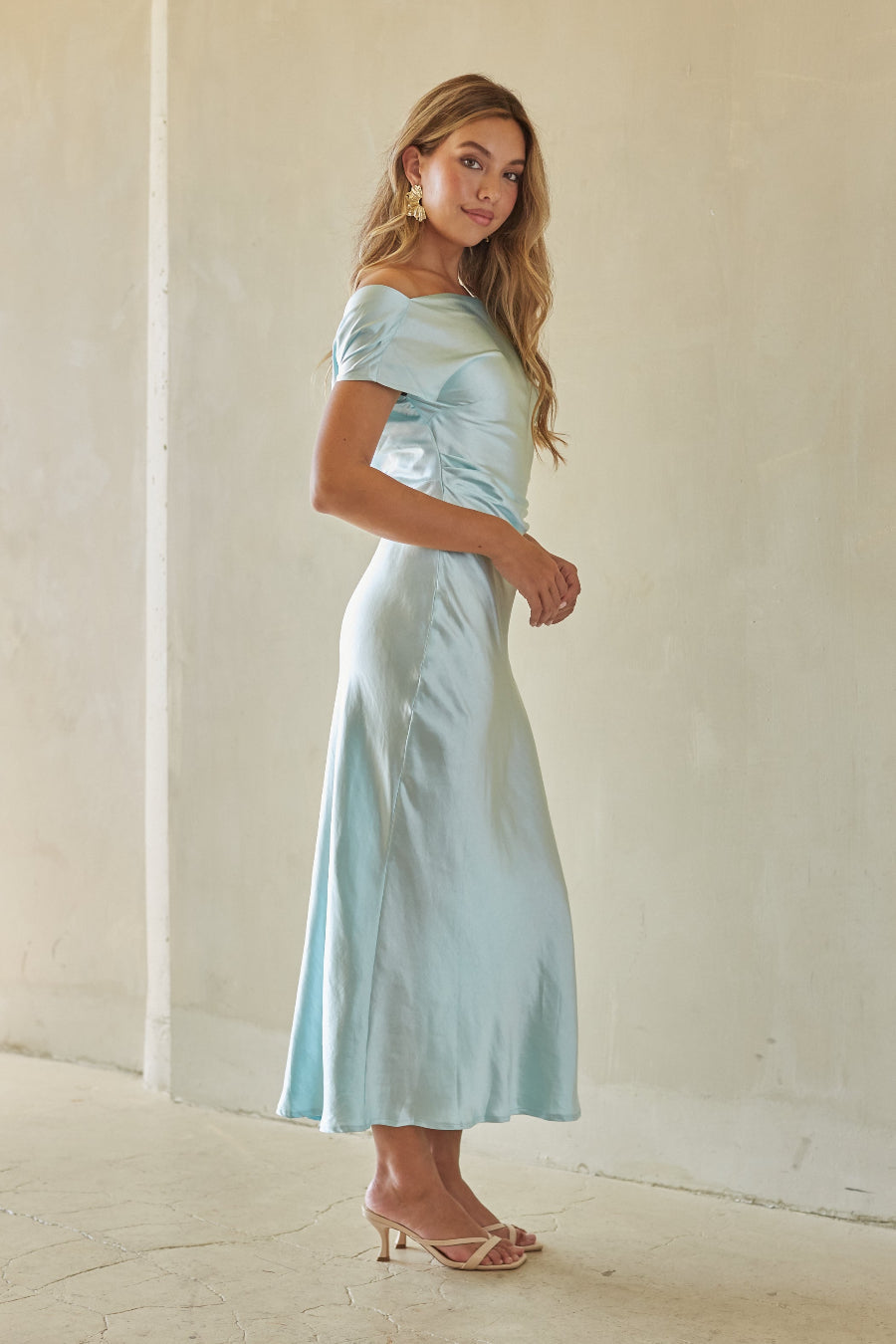Cowl-Back Cinched Satin Midi