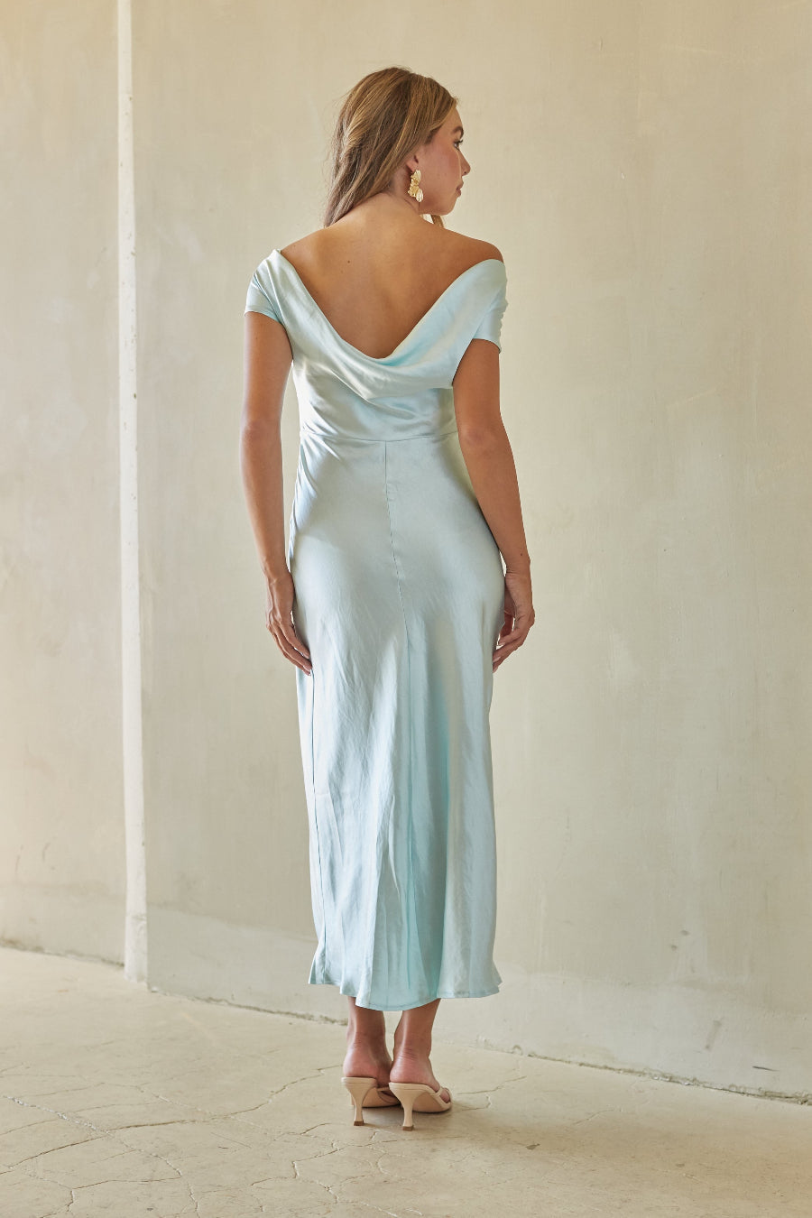 Cowl-Back Cinched Satin Midi