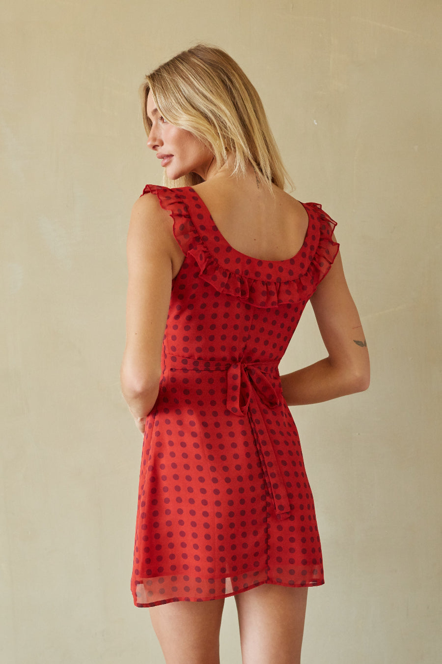 Ruffle Neck Cinch Polka Mini