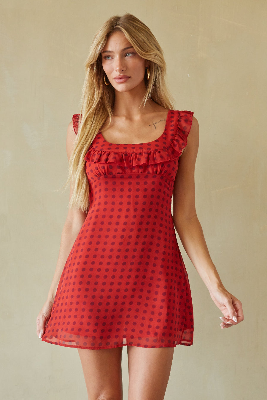 Ruffle Neck Cinch Polka Mini