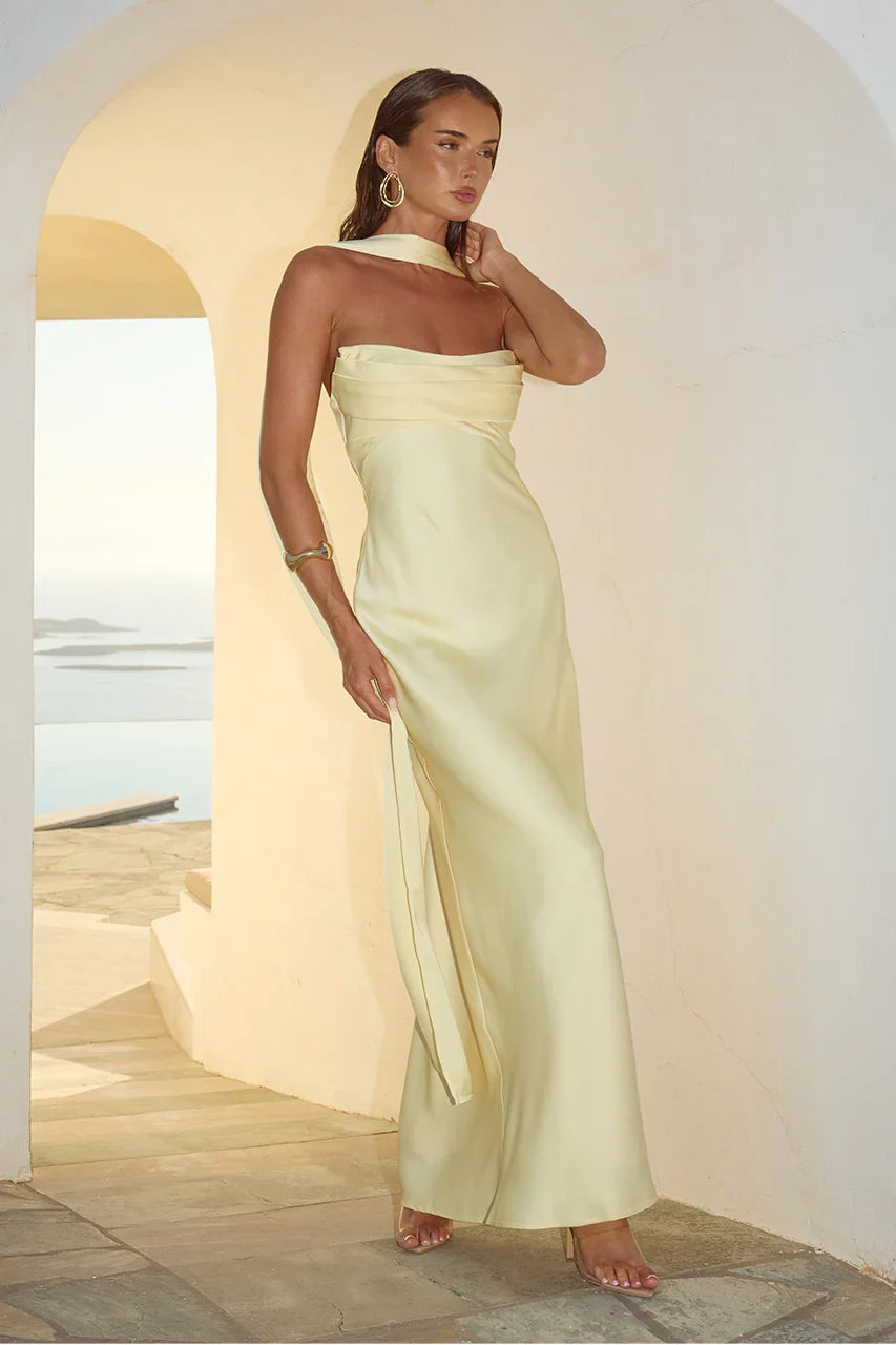 Pleated Strapless Back-Zip Maxi
