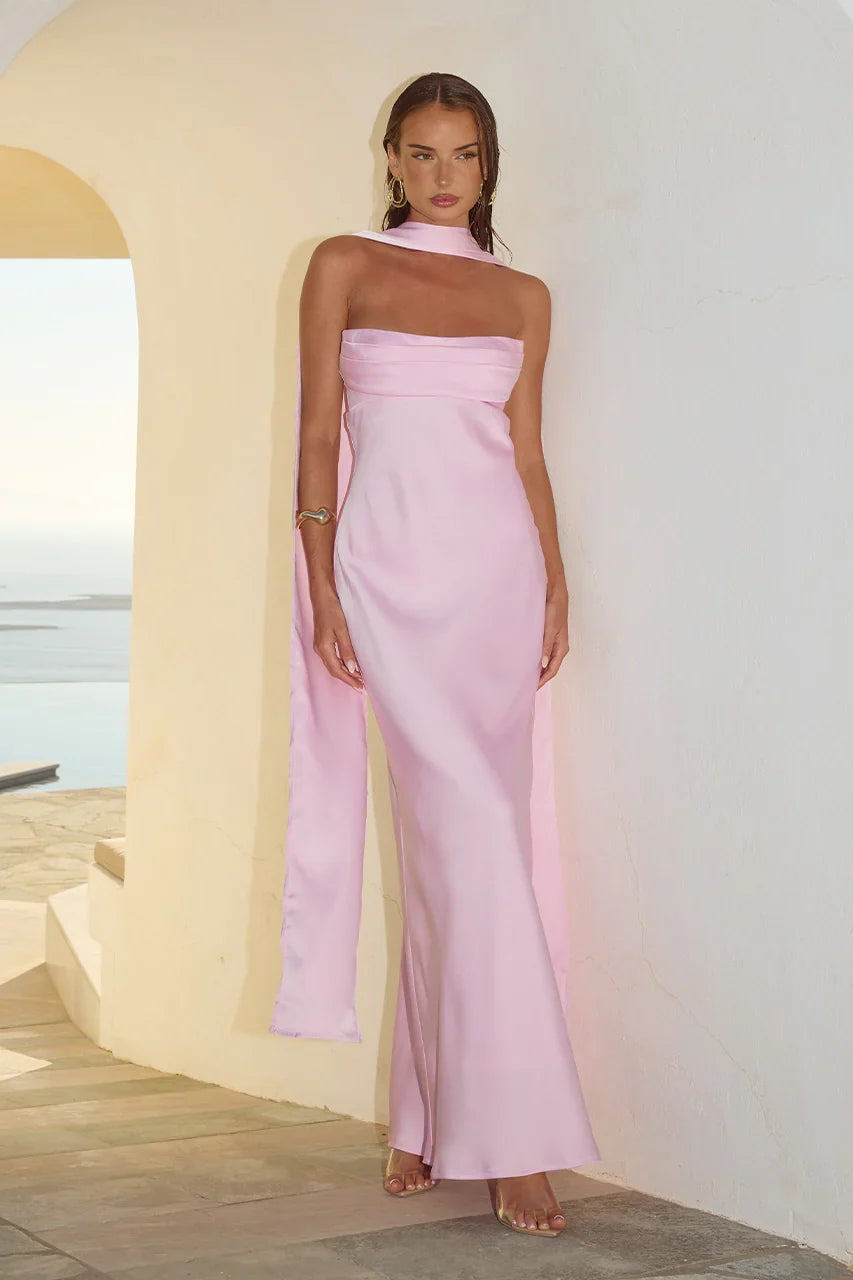 Pleated Strapless Back-Zip Maxi