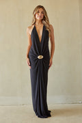 Stretch-Ruched Plunge Maxi