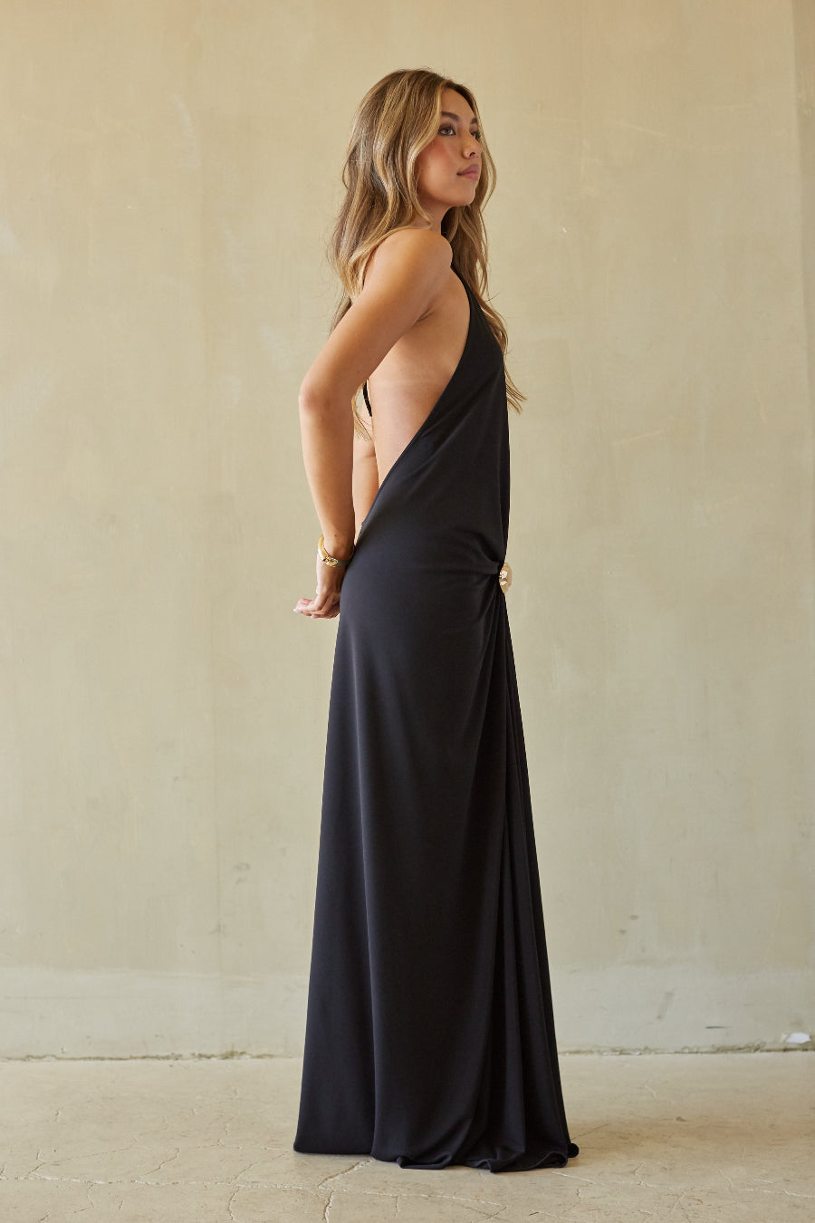 Stretch-Ruched Plunge Maxi